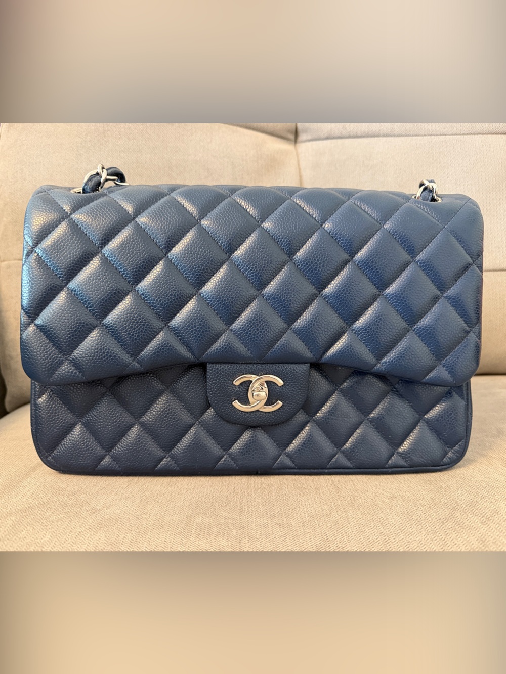 Authentic Chanel Classic Jumbo Double Flap Bag - Navy Blue Caviar Leather